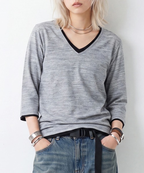 sunny branch(サニーブランチ)の「★Bd★レイヤード風 Vネック7分袖Tシャツ(Tシャツ/カットソー・レディース・ネイビー/グレー・X-LARGE/MEDIUM)」の2枚目の写真