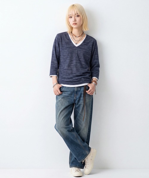 sunny branch(サニーブランチ)の「★Bd★レイヤード風 Vネック7分袖Tシャツ(Tシャツ/カットソー・レディース・ネイビー/グレー・X-LARGE/MEDIUM)」の12枚目の写真