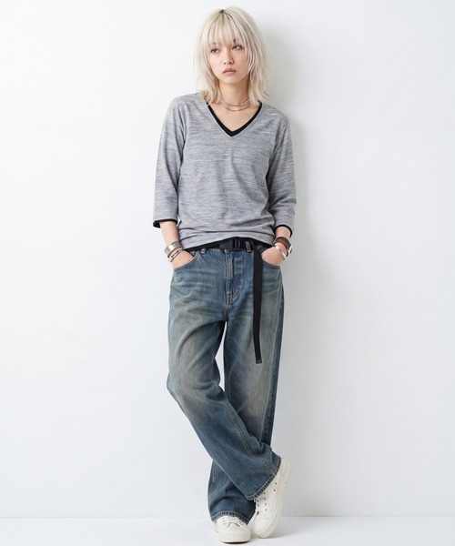sunny branch(サニーブランチ)の「★Bd★レイヤード風 Vネック7分袖Tシャツ(Tシャツ/カットソー・レディース・ネイビー/グレー・X-LARGE/MEDIUM)」の13枚目の写真