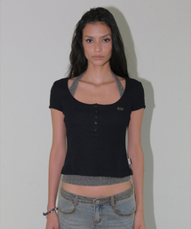 HALTER LAYERED SHORT SLEEVE SET [BLACK]