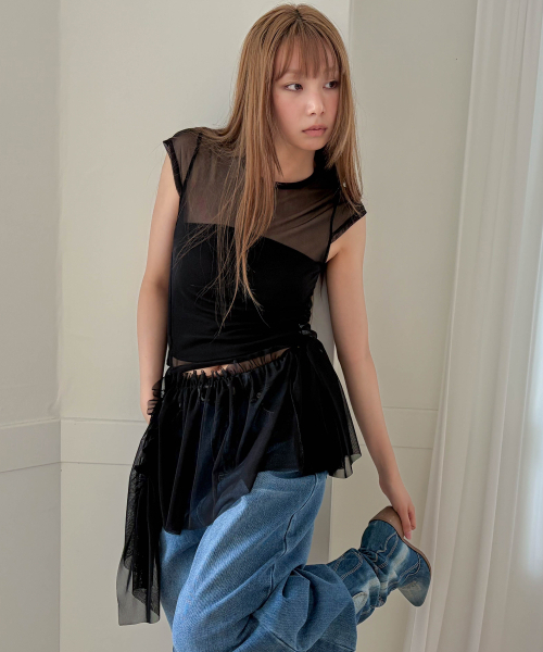 CHICKS(チックス)の「シアーメッシュレイヤードシャーリングスリーブレスキャップ半袖ブラック(Tシャツ/カットソー・レディース・ブラック・ONE SIZE)」の6枚目の写真