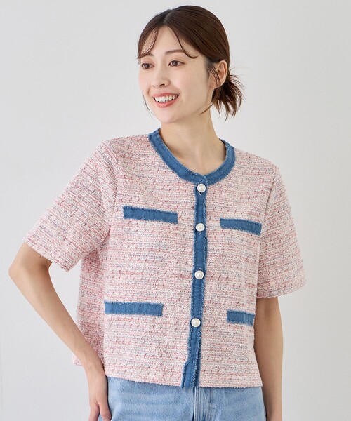 Jayro(ジャイロ)の「デニム使い半袖ツイードジャケット(ノーカラージャケット・レディース・ピンク/ブルー系その他6・FREE)」の1枚目の写真