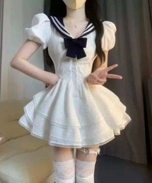 レディース セーラー襟ワンピース バブルスリーブ 大リボン付き エンボス加工生地 レースフリル 2 段スカート ガーリー ミニドレス