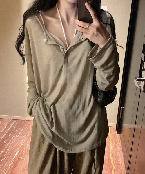 Ressaca（レサーカ）の「オーバーサイズヘンリーネックロンT（Tシャツ/カットソー・レディース・ブラウン/ピンク/グレー/ベージュ・M）」の3枚目の写真