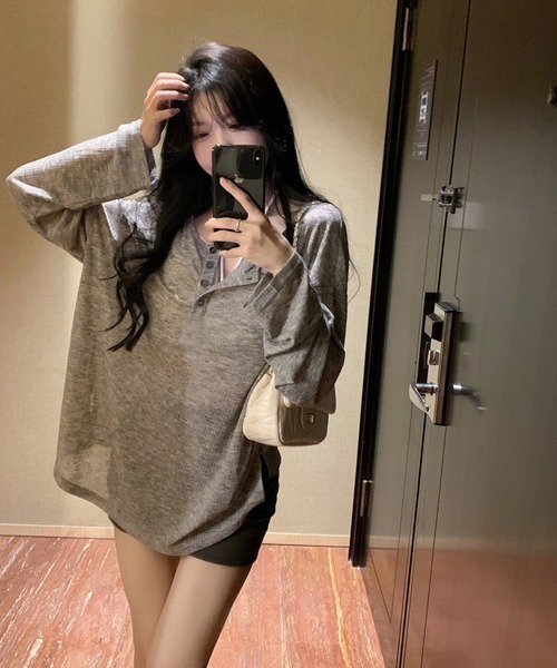 Ressaca（レサーカ）の「オーバーサイズヘンリーネックロンT（Tシャツ/カットソー・レディース・ブラウン/ピンク/グレー/ベージュ・M）」の7枚目の写真