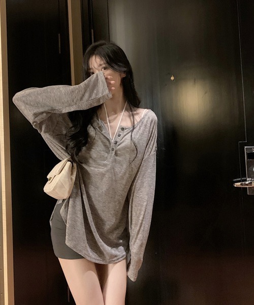 Ressaca（レサーカ）の「オーバーサイズヘンリーネックロンT（Tシャツ/カットソー・レディース・ブラウン/ピンク/グレー/ベージュ・M）」の8枚目の写真