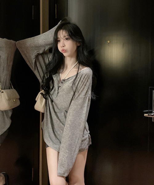 Ressaca（レサーカ）の「オーバーサイズヘンリーネックロンT（Tシャツ/カットソー・レディース・ブラウン/ピンク/グレー/ベージュ・M）」の9枚目の写真