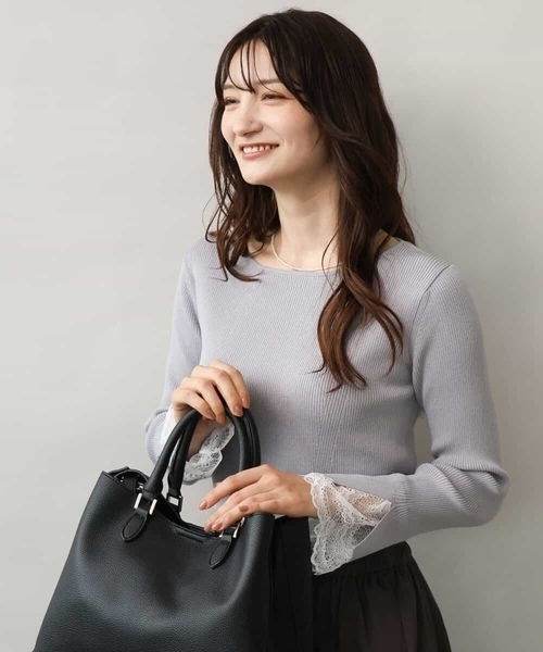 MK MICHEL KLEIN（エムケーミッシェルクラン）の「[洗える]袖レースデザインリブニット（ニット/セーター・レディース・グレー/ブラック/アイボリー・38）」の3枚目の写真
