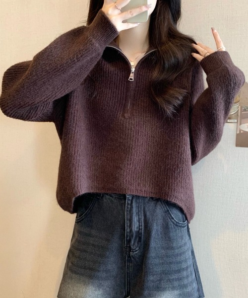 LUCPY（ラクピー）の「ハーフジップオーバーサイズニットプルオーバー（ニット/セーター・レディース・ホワイト/レッド/グレー/ブラウン・FREE）」の3枚目の写真