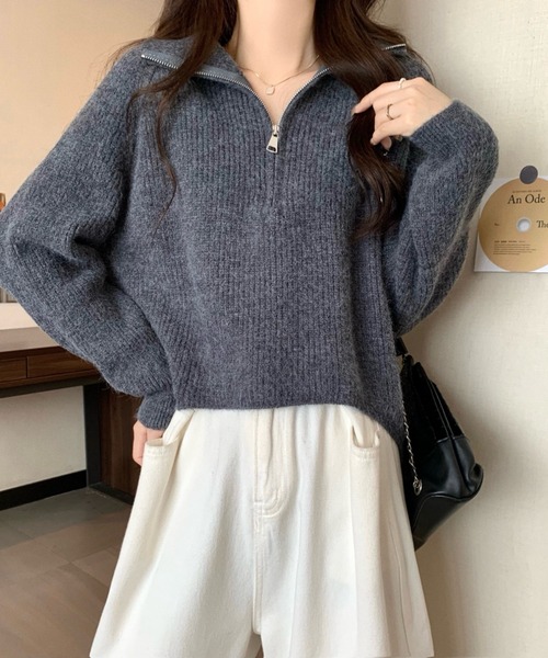 LUCPY（ラクピー）の「ハーフジップオーバーサイズニットプルオーバー（ニット/セーター・レディース・ホワイト/レッド/グレー/ブラウン・FREE）」の2枚目の写真