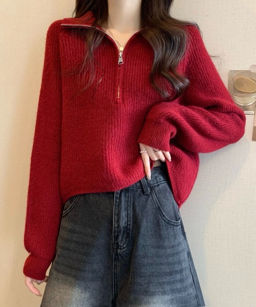 LUCPY（ラクピー）の「ハーフジップオーバーサイズニットプルオーバー（ニット/セーター・レディース・ホワイト/レッド/グレー/ブラウン・FREE）」の4枚目の写真