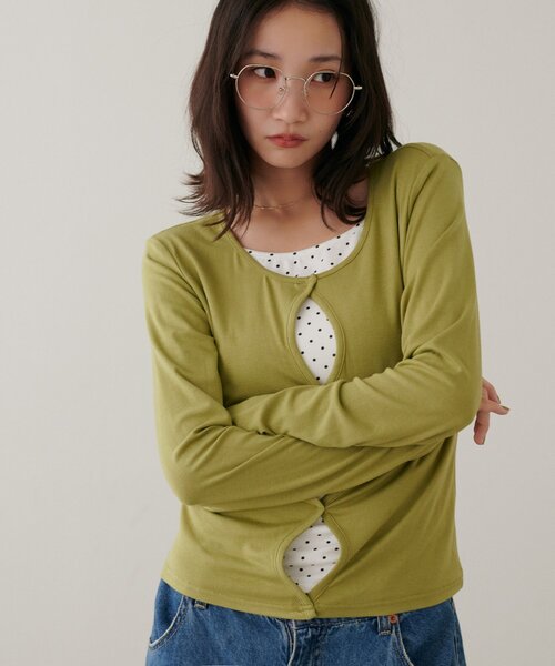 DISCOAT(ディスコート)の「【新色追加】レイヤード風フロントホールプルオーバー(Tシャツ/カットソー・レディース・グレー/ネイビー/レモンイエロー/グリーン系・FREE)」の9枚目の写真