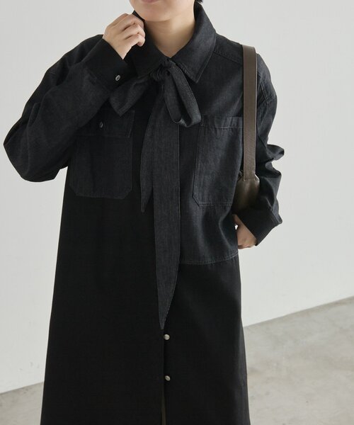 ear PAPILLONNER(イアパピヨネ)の「タイ付きデニムシャツワンピース【SUM1 STYLE】(ワンピース・レディース・ブラック・FREE)」の5枚目の写真
