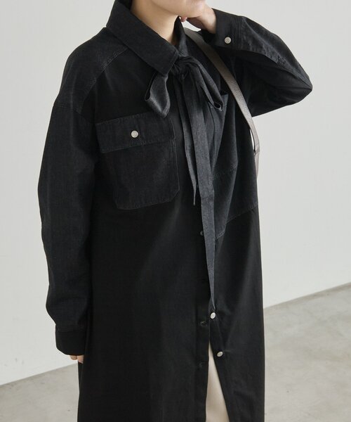 ear PAPILLONNER(イアパピヨネ)の「タイ付きデニムシャツワンピース【SUM1 STYLE】(ワンピース・レディース・ブラック・FREE)」の6枚目の写真