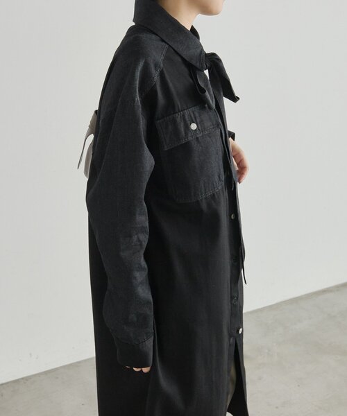 ear PAPILLONNER(イアパピヨネ)の「タイ付きデニムシャツワンピース【SUM1 STYLE】(ワンピース・レディース・ブラック・FREE)」の7枚目の写真