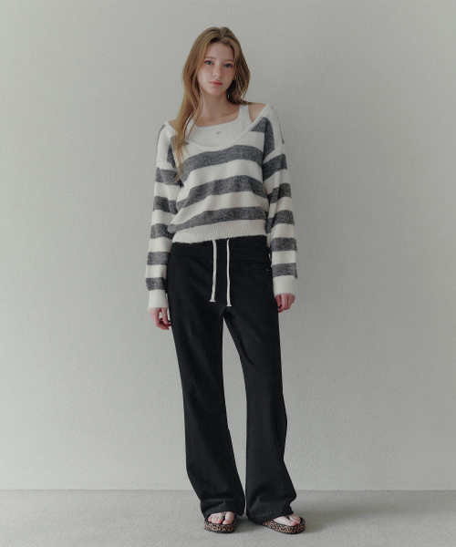 TWEE(トゥウィー)の「アディン レイヤード ダブルバンド ロングワイドパンツ(スウェットパンツ・レディース・ライトグレー/ブラック・FREE)」の3枚目の写真