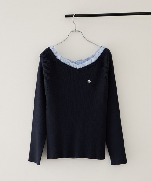 POLO BCS(ポロ ビーシーエス)の「【POLO BCS】VIS別注フリルネックVネックリブニット(ニット/セーター・レディース・ベージュ/ダークブラウン/ネイビー・FREE)」の1枚目の写真