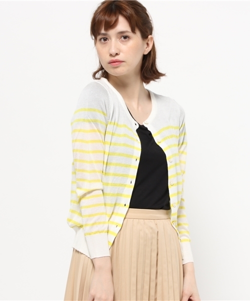 REAL CUBE（リアルキューブ）の「Lil nina フレンチボーダー薄手カーディガン（カーディガン/ボレロ・レディース・ホワイト×ピンク/ホワイト×ネイビー/ホワイト×ブラック/ホワイト×イエロー・M）」の4枚目の写真