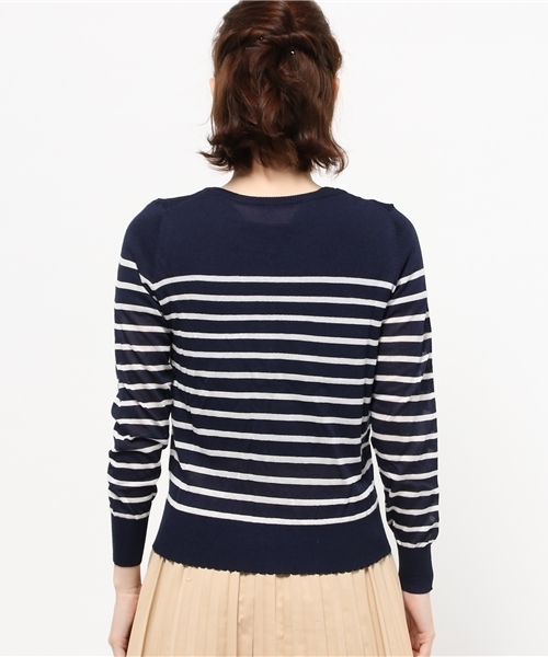 REAL CUBE（リアルキューブ）の「Lil nina フレンチボーダー薄手カーディガン（カーディガン/ボレロ・レディース・ホワイト×ピンク/ホワイト×ネイビー/ホワイト×ブラック/ホワイト×イエロー・M）」の7枚目の写真