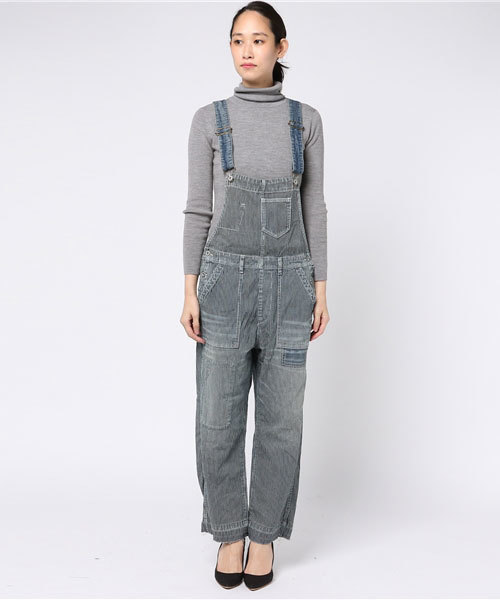 CUBE SUGAR（キューブシュガー）の「デニム/ヒッコリー オーバーオール（デニムパンツ・レディース・ネイビー/ストライプ・M）」の3枚目の写真