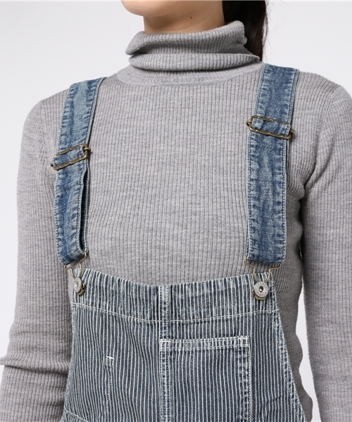 CUBE SUGAR（キューブシュガー）の「デニム/ヒッコリー オーバーオール（デニムパンツ・レディース・ネイビー/ストライプ・M）」の6枚目の写真