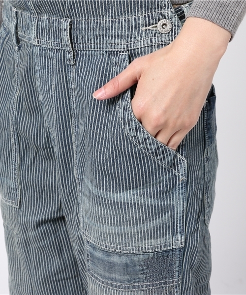 CUBE SUGAR（キューブシュガー）の「デニム/ヒッコリー オーバーオール（デニムパンツ・レディース・ネイビー/ストライプ・M）」の7枚目の写真