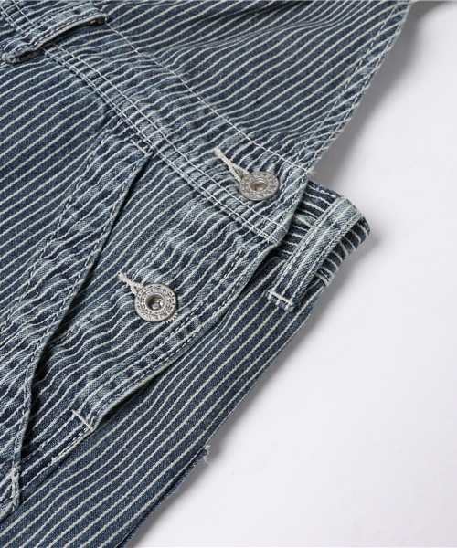CUBE SUGAR（キューブシュガー）の「デニム/ヒッコリー オーバーオール（デニムパンツ・レディース・ネイビー/ストライプ・M）」の9枚目の写真