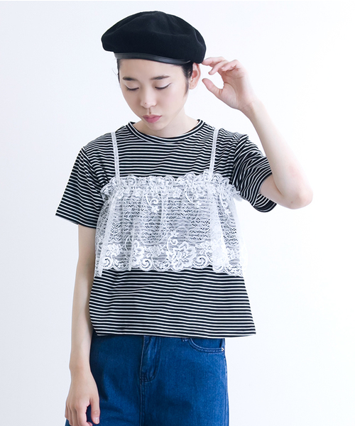 MERLOT（メルロー）の「レースビスチェ付きTシャツ1177（Tシャツ/カットソー・レディース・ホワイト/オフホワイト/チャコールグレー/ブラック・FREE）」の3枚目の写真