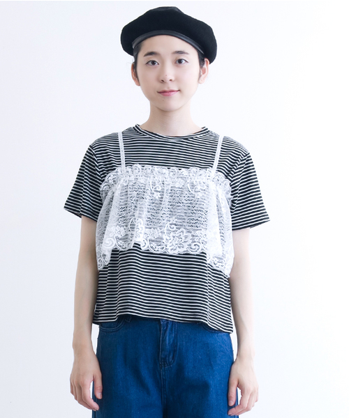MERLOT（メルロー）の「レースビスチェ付きTシャツ1177（Tシャツ/カットソー・レディース・ホワイト/オフホワイト/チャコールグレー/ブラック・FREE）」の5枚目の写真