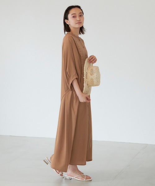 美品✨MHL コットン バンドカラー シャツワンピース ブラウン Ⅰ 美品 MHL コットン ノーカラー バンドカラー シャツワンピース M