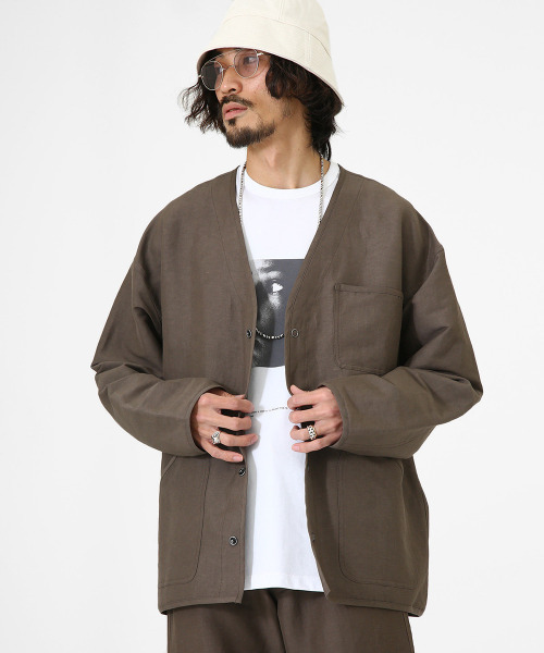 PORT BY ARK（ポートバイアーク）の「PORT BY ARK / ポートバイアーク：Hunting shirts jacket -linen viscose stretch-：PO09-SH002[COR]（カーディガン/ボレロ・メンズ・ブラウン/ブラック・2）」の2枚目の写真