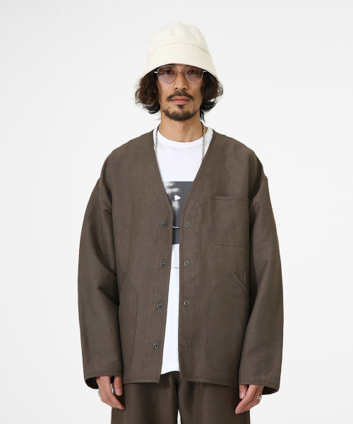 PORT BY ARK（ポートバイアーク）の「PORT BY ARK / ポートバイアーク：Hunting shirts jacket -linen viscose stretch-：PO09-SH002[COR]（カーディガン/ボレロ・メンズ・ブラウン/ブラック・2）」の9枚目の写真