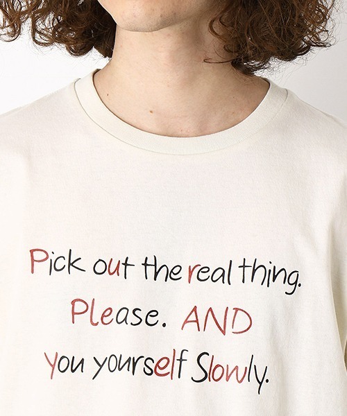 Purple&Yellow（パープルアンドイエロー）の「メッセージプリント　半袖Tシャツ（Tシャツ/カットソー・メンズ・ブラック/アイボリー/ミント/グレイッシュベージュ・SMALL/MEDIUM/LARGE/X-SMALL/X-LARGE）」の18枚目の写真