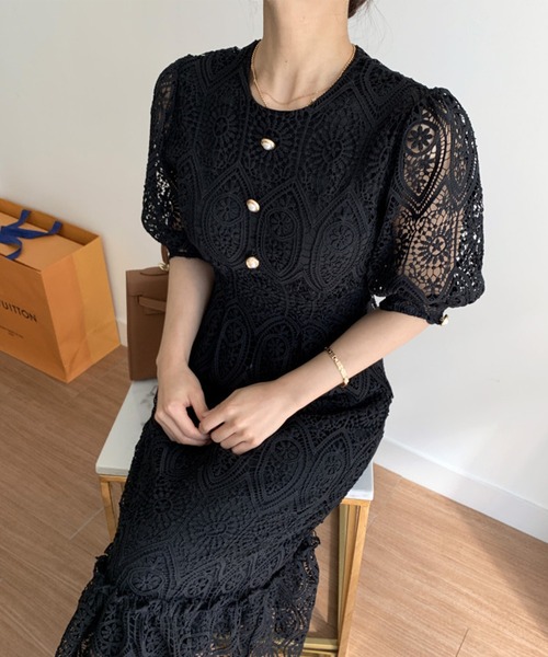 ワンピース ドレス Jasmine ワンピース総レース半袖パフスリーブロングマーメイドワンピース ワンピース Jasmine Grandiflorum ジャスミングランディフローラム のファッション