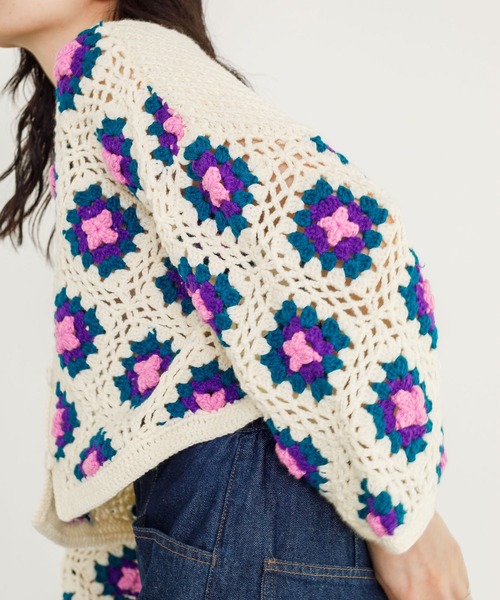 w closet（ダブルクローゼット）の「カギ針モチーフ5分袖カーディガン（カーディガン/ボレロ・レディース・ブラック/ダークグリーン/アイボリー・FREE）」の8枚目の写真