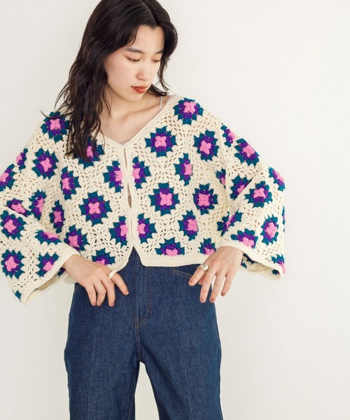 w closet（ダブルクローゼット）の「カギ針モチーフ5分袖カーディガン（カーディガン/ボレロ・レディース・ブラック/ダークグリーン/アイボリー・FREE）」の13枚目の写真