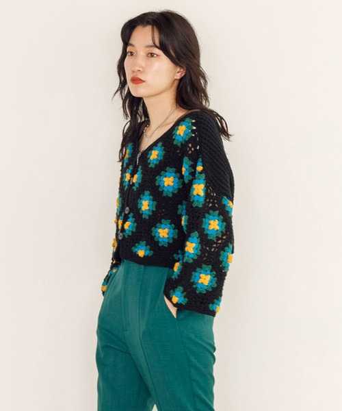 w closet（ダブルクローゼット）の「カギ針モチーフ5分袖カーディガン（カーディガン/ボレロ・レディース・ブラック/ダークグリーン/アイボリー・FREE）」の14枚目の写真