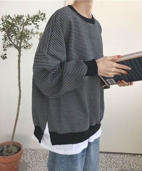 meJane(ミージェーン)の「配色ラインボーダーサイドスリットスウェットトレーナー(スウェット・レディース・ホワイト/ブラック・FREE)」の9枚目の写真