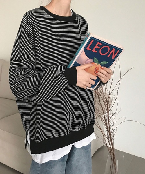 meJane(ミージェーン)の「配色ラインボーダーサイドスリットスウェットトレーナー(スウェット・レディース・ホワイト/ブラック・FREE)」の11枚目の写真