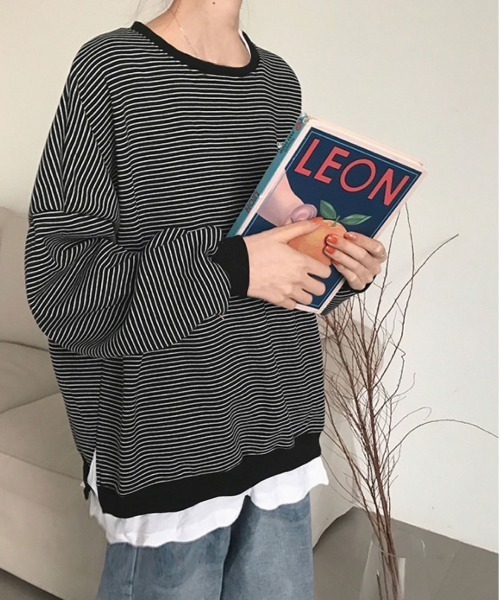 meJane(ミージェーン)の「配色ラインボーダーサイドスリットスウェットトレーナー(スウェット・レディース・ホワイト/ブラック・FREE)」の12枚目の写真