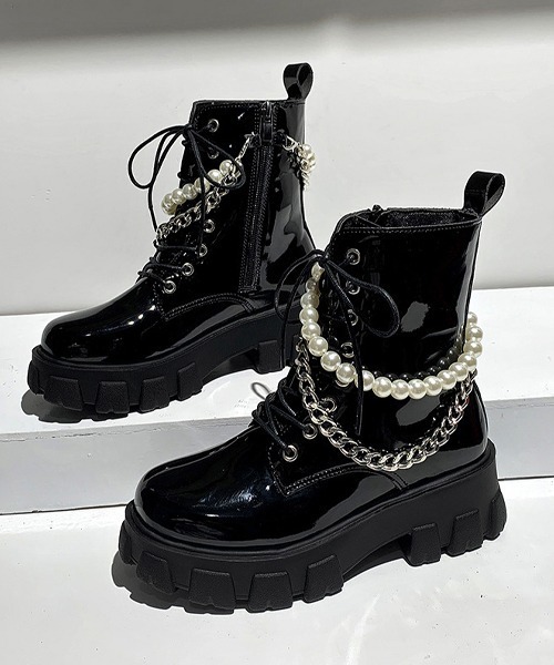SVEC（シュベック）の「フェイクパール レースアップブーツ（ブーツ・レディース・ブラック/ブラック系その他・35/37/39/40/36/38）」の6枚目の写真