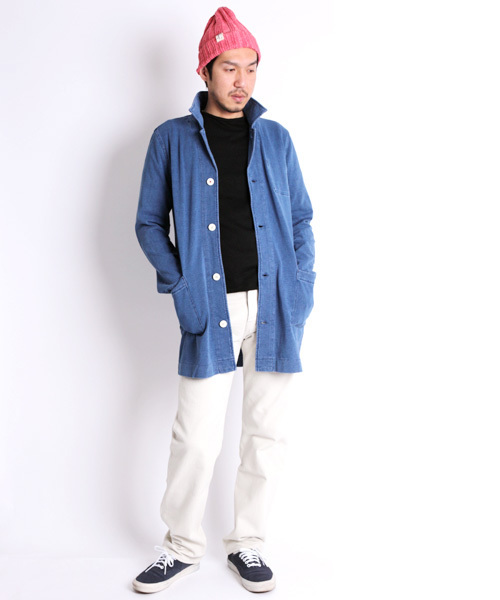 Denime(ドゥニーム)の「カットデニムショップコート(ステンカラーコート・メンズ・ブルー/ネイビー・LARGE/MEDIUM)」の6枚目の写真