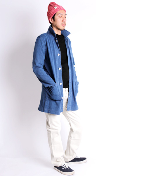 Denime(ドゥニーム)の「カットデニムショップコート(ステンカラーコート・メンズ・ブルー/ネイビー・LARGE/MEDIUM)」の7枚目の写真