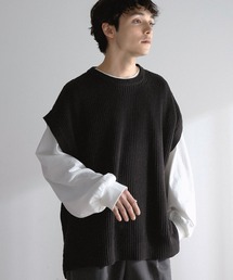 畦編み オーバーサイドスリット ニットベスト