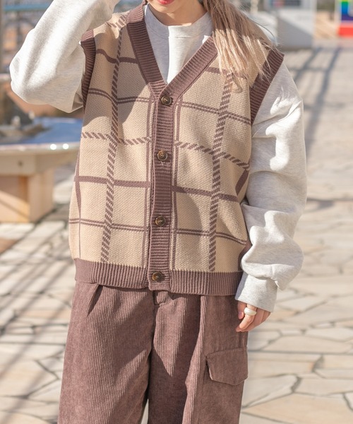 PairPair（ペアペア）の「チェックジャガードニットベスト(ユニセックス)（ベスト・レディース・ブラック/ベージュ/ブラウン・MEDIUM/LARGE）」の9枚目の写真