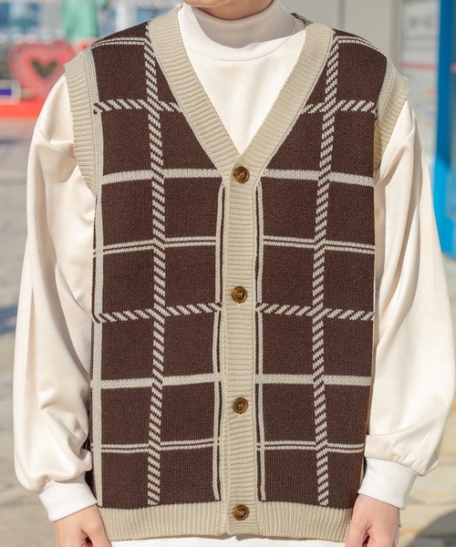 PairPair（ペアペア）の「チェックジャガードニットベスト(ユニセックス)（ベスト・レディース・ブラック/ベージュ/ブラウン・MEDIUM/LARGE）」の20枚目の写真