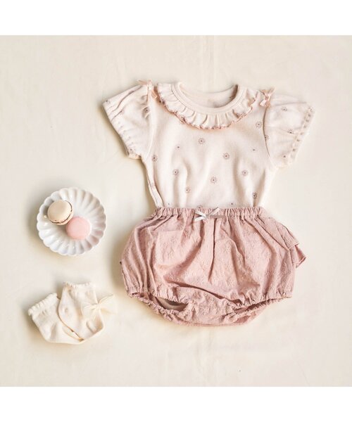 apres les cours（アプレレクール）の「花柄パフスリーブボディースーツ（肌着・キッズ・アイボリー/ピンク・70/80）」の4枚目の写真