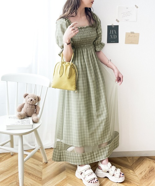 mily bilet（ミウィビレット）の「【mily bilet】愛されモテワンピ。チェック柄チュールレイヤードシャーリングワンピース（ワンピース・レディース・ピンク/ブルー/グリーン・SMALL/MEDIUM/LARGE）」の6枚目の写真