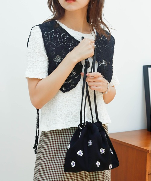 Birthday room（バースデイルーム）の「花刺繍巾着バッグ（ハンドバッグ・レディース・ブラック/グリーン/チェック・FREE）」の13枚目の写真