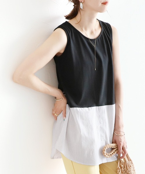 reca（レカ）の「シャツヘムレイヤードタンクトップ（Tシャツ/カットソー・レディース・ブラック/オフホワイト/カーキ/ベージュ・FREE）」の2枚目の写真